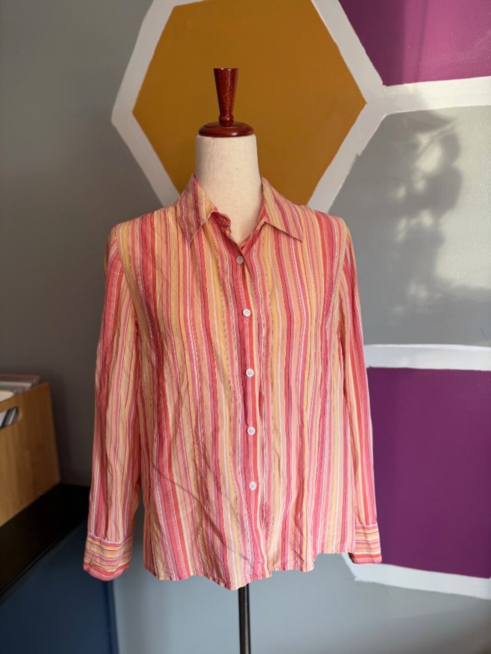 Evan-Picone 100% Silk Striped Button Down Blouse Pink Orange Yellow Size 12